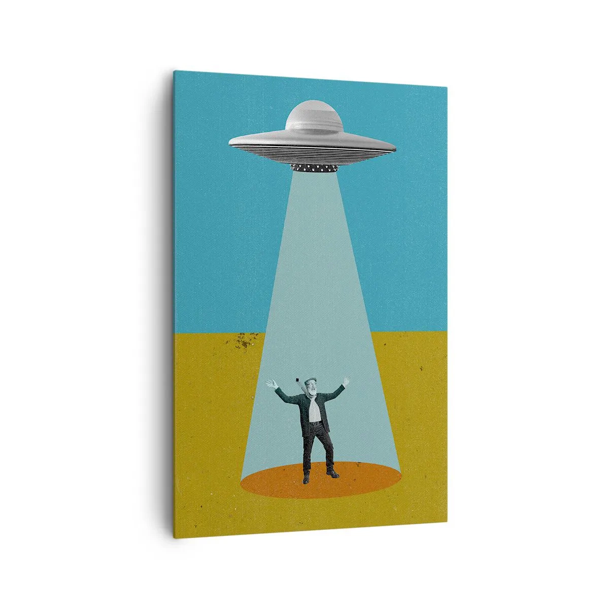 Impression sur toile - Image sur toile - Un homme à la lumière d'un OVNI sur fond de paysage coloré - 80x120cm - Rencontre proche - Décoration murale moderne pour le salon et la chambre ARTTOR
