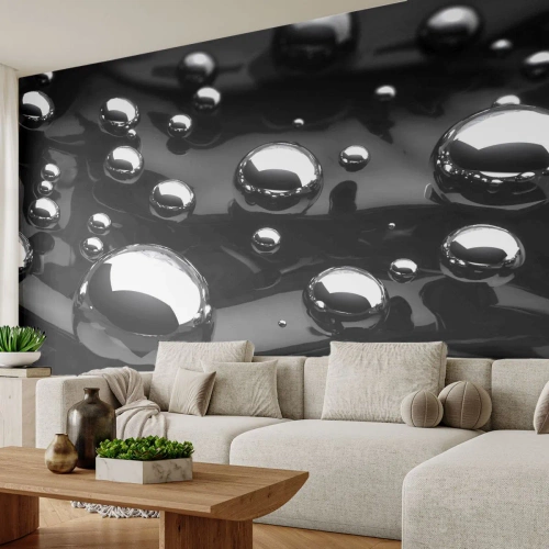 Papier peint sur mesure Premium Sand - D'un ton noir - Abstraction, Boules chromées, 3D