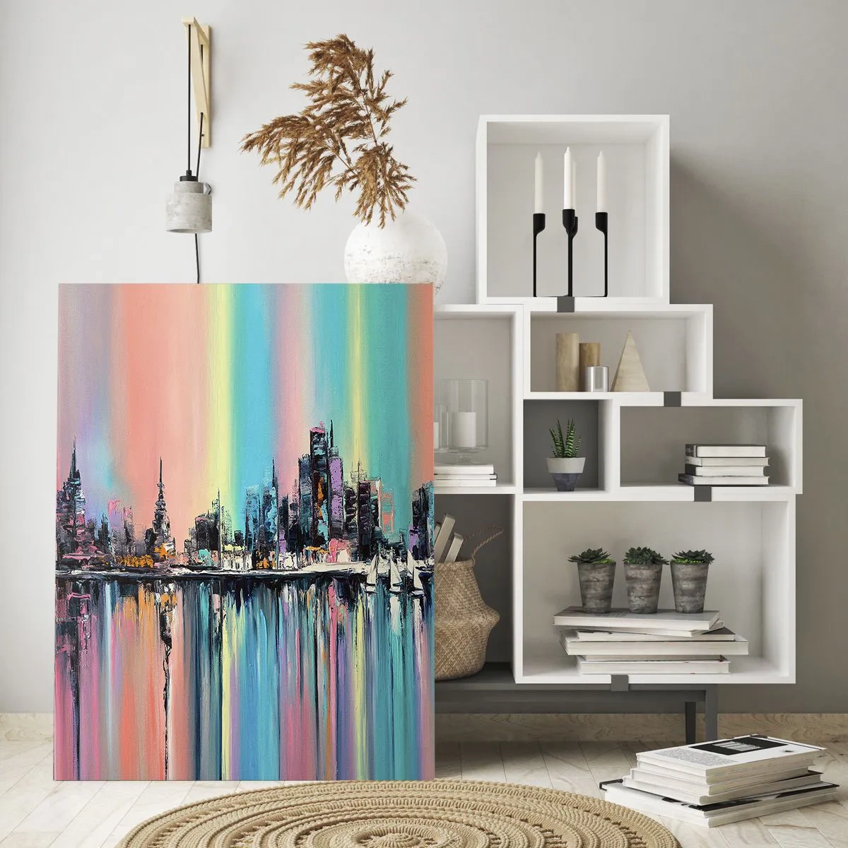 Impression sur verre - Image sur verre - Paysage urbain coloré avec reflet sur l'eau - 80x120cm - Noyé par la lumière de la nuit - Décoration murale moderne pour le salon et la chambre ARTTOR