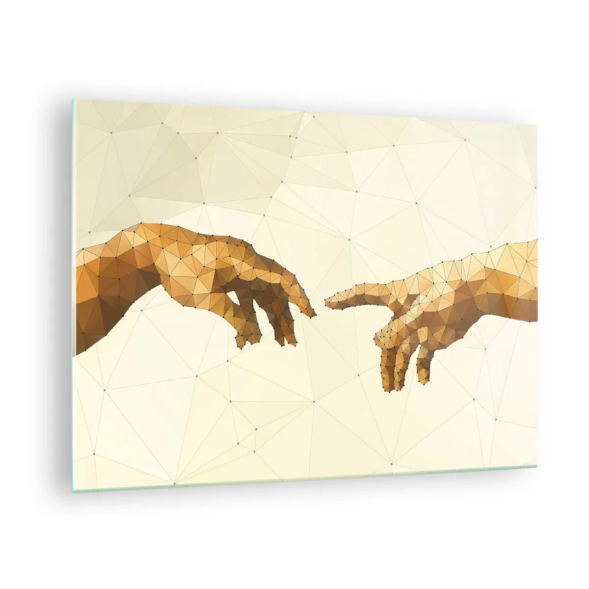 Impression sur verre - Image sur verre - Une version stylisée du tableau « La Création d'Adam » en technique polygonale - 70x50cm - Géométrie divine - Décoration murale moderne pour le salon et la chambre ARTTOR