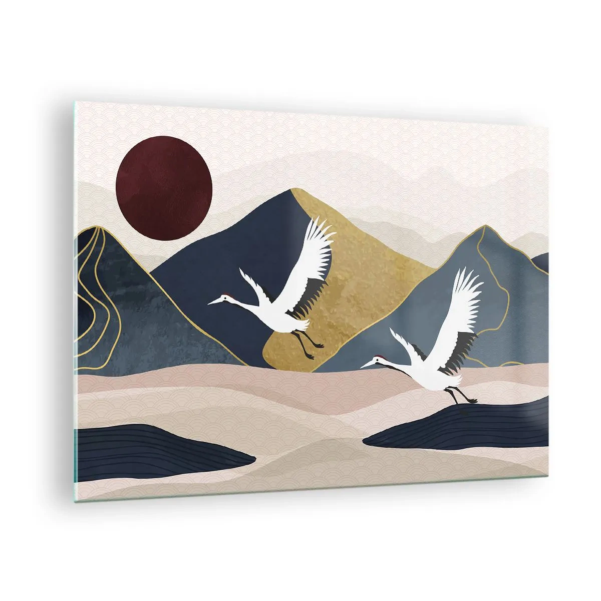 Impression sur verre - Image sur verre - Deux grues survolant un paysage vallonné avec un soleil rouge. - 70x50cm - Encore une fois, la journée s'est ÉCOULÉE - Décoration murale moderne pour le salon et la chambre ARTTOR