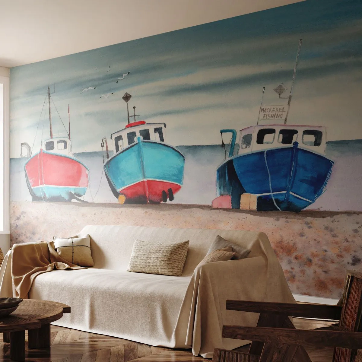Papier Peint Photo Premium Sand - Trois bateaux de pêche colorés sur la plage dans un style pictural - 100x70cm - Prêt pour la pêche - Décoration murale moderne pour le salon et la chambre ARTTOR