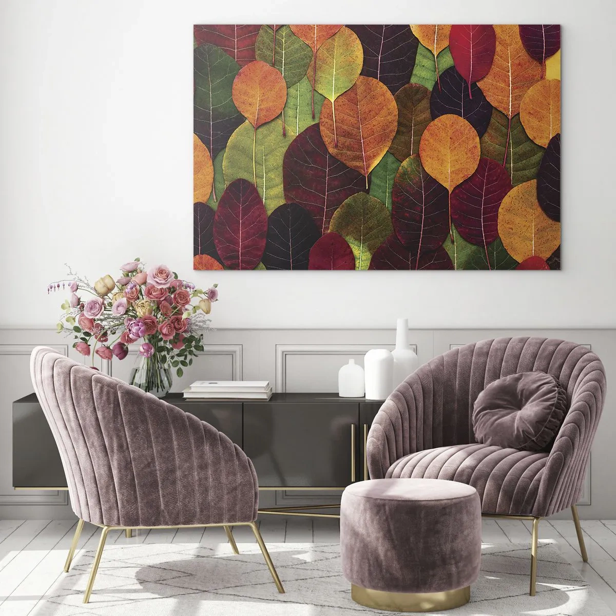 Impression sur verre - Image sur verre - Feuilles d'automne colorées dans un arrangement artistique - 120x80cm - Mozaique printannière - Décoration murale moderne pour le salon et la chambre ARTTOR