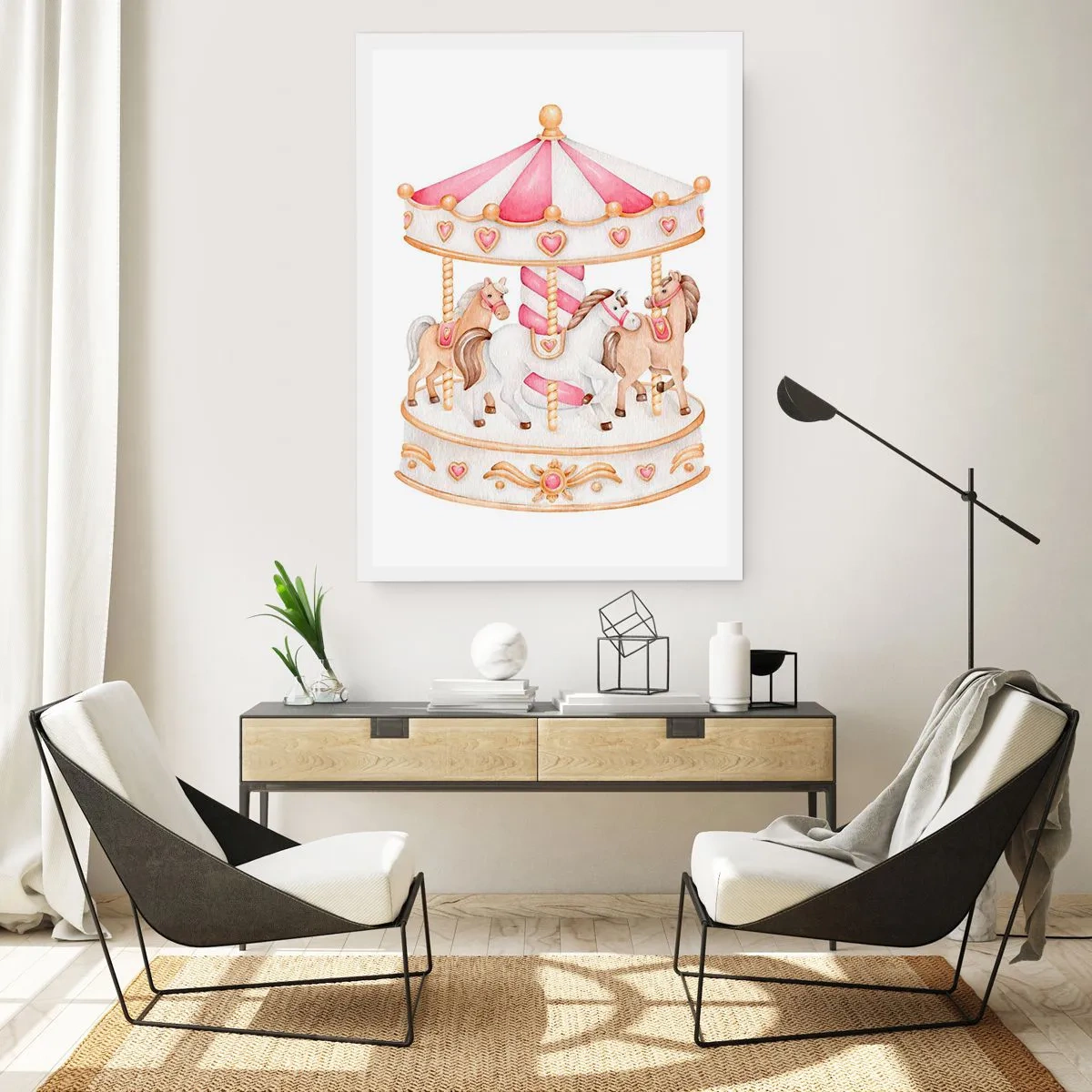 Affiche - Poster - Carrousel aquarelle dans des tons pastel de rose - 50x70cm - Le doux monde de l'enfance - Décoration murale moderne pour le salon et la chambre ARTTOR