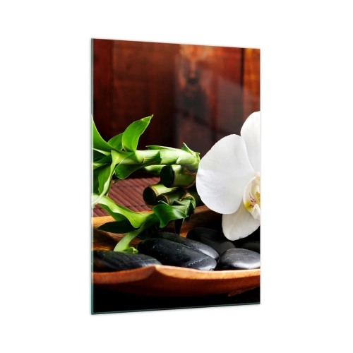Impression sur verre - Image sur verre - Orchidée blanche avec bambou sur fond de pierre de style zen - 70x100cm - Cédez au contact de la nature - Décoration murale moderne pour le salon et la chambre ARTTOR