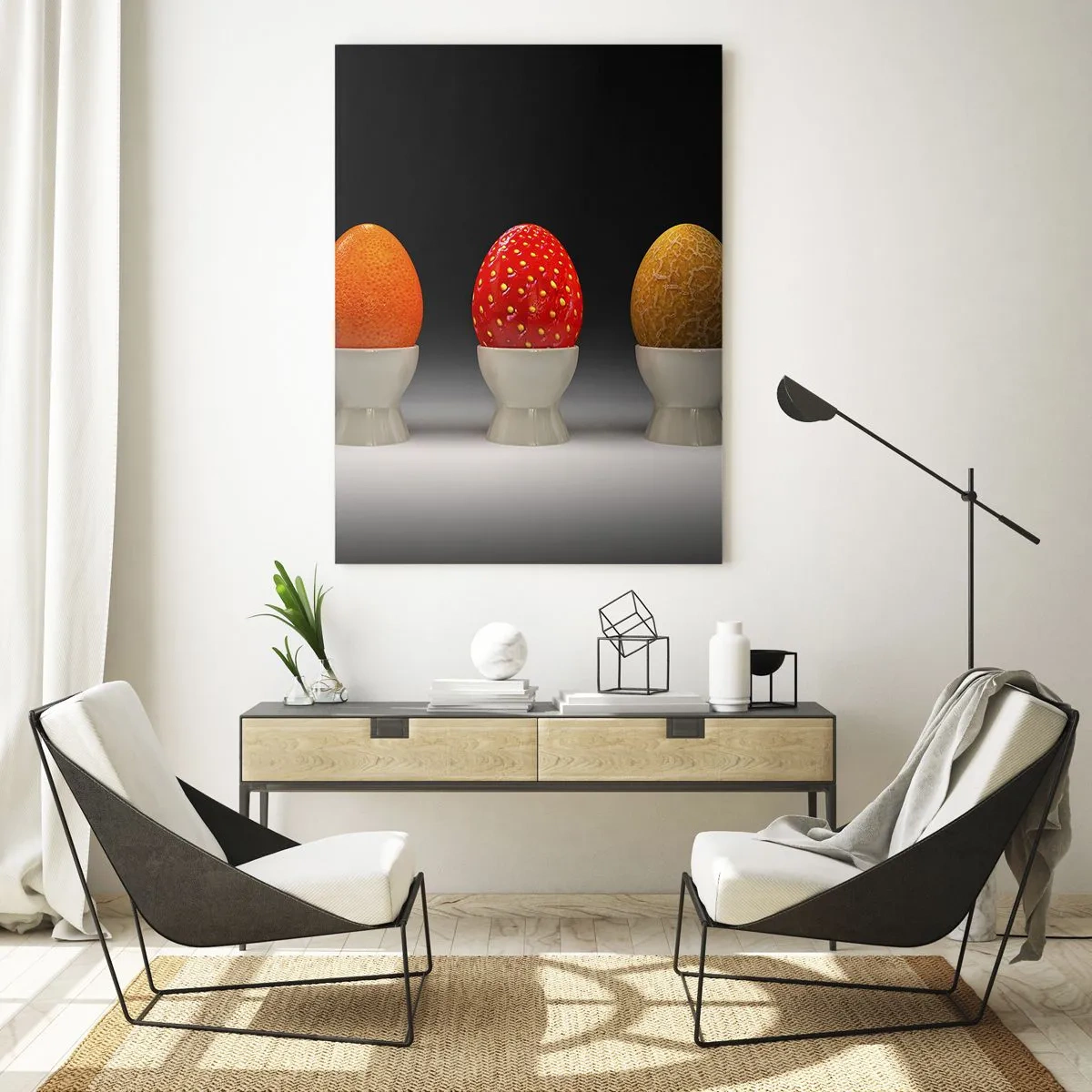 Impression sur verre - Image sur verre - Œufs dans des coquilles de fruits sur un support - 50x70cm - Petit-déjeuner fruité - Décoration murale moderne pour le salon et la chambre ARTTOR