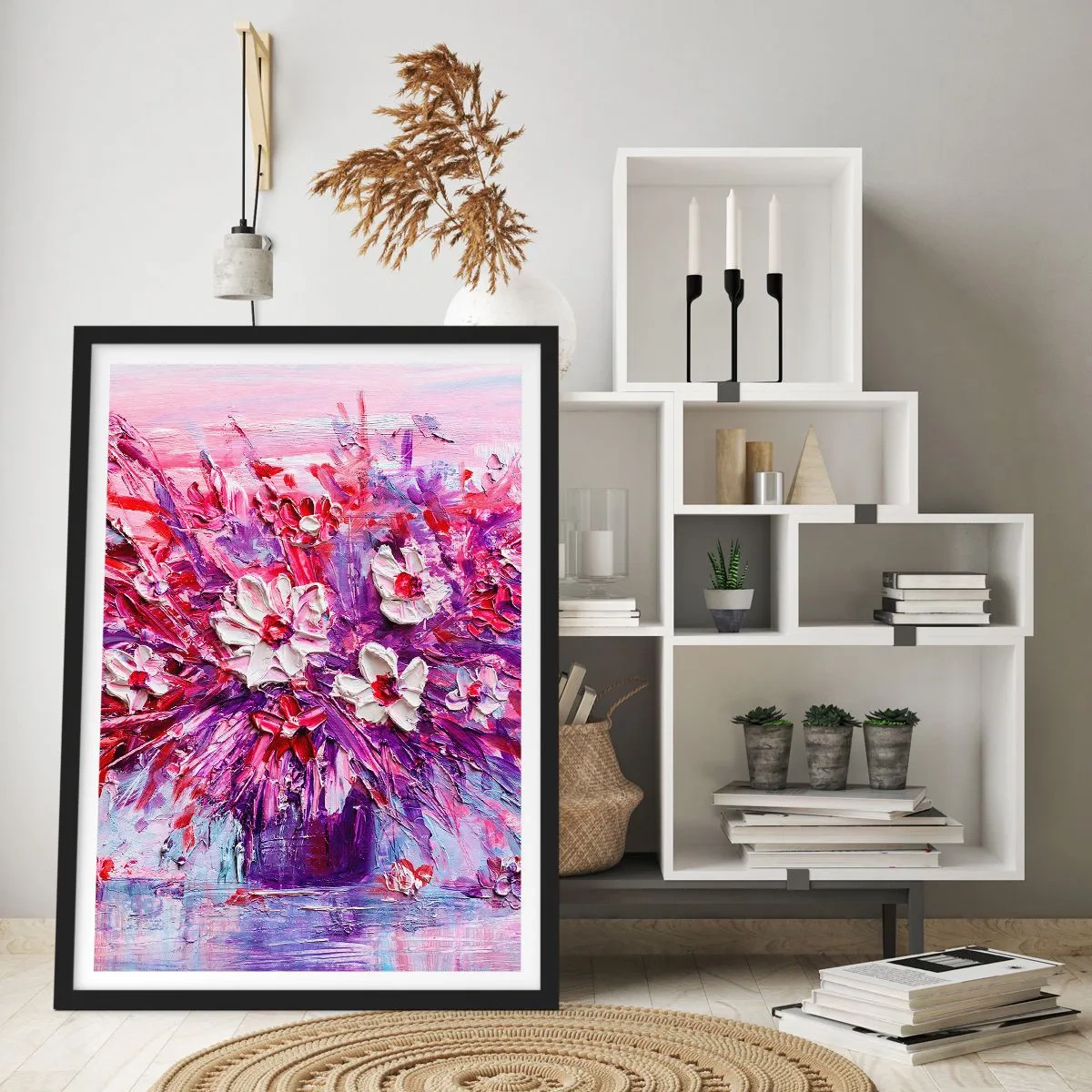 Affiche dans un cadre noir - Poster - Un bouquet de fleurs dans les tons de rose, violet et blanc - 50x70cm - Innocence et passion - Décoration murale moderne pour le salon et la chambre ARTTOR