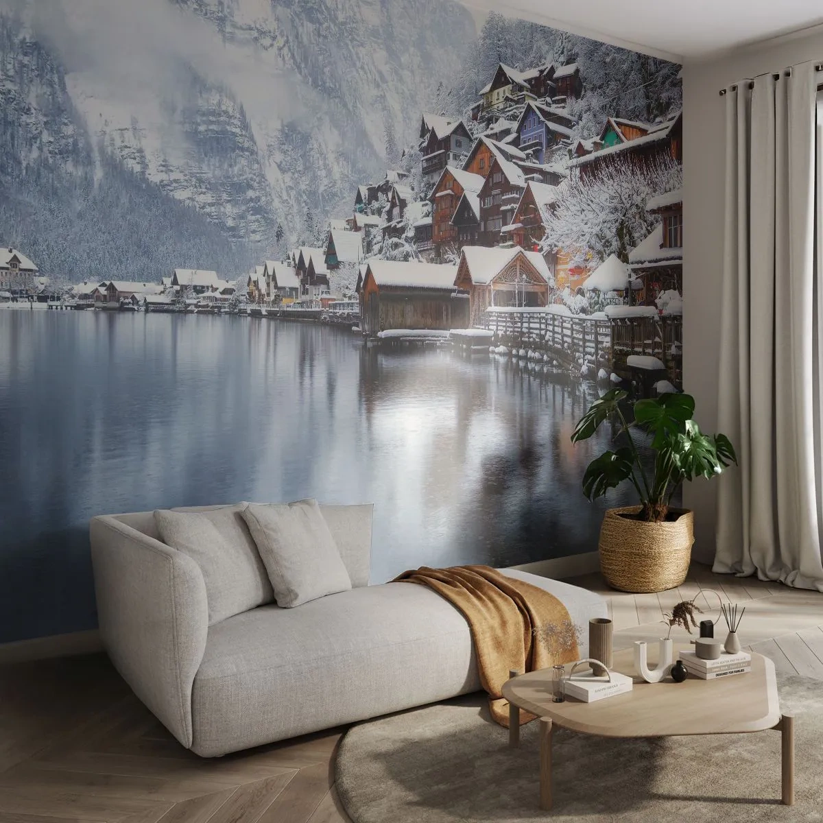 Papier Peint Photo Standard Eco - Vue hivernale d'un village de montagne au bord d'un lac avec reflet dans l'eau - 100x70cm - En décoration hivernale - Décoration murale moderne pour le salon et la chambre ARTTOR