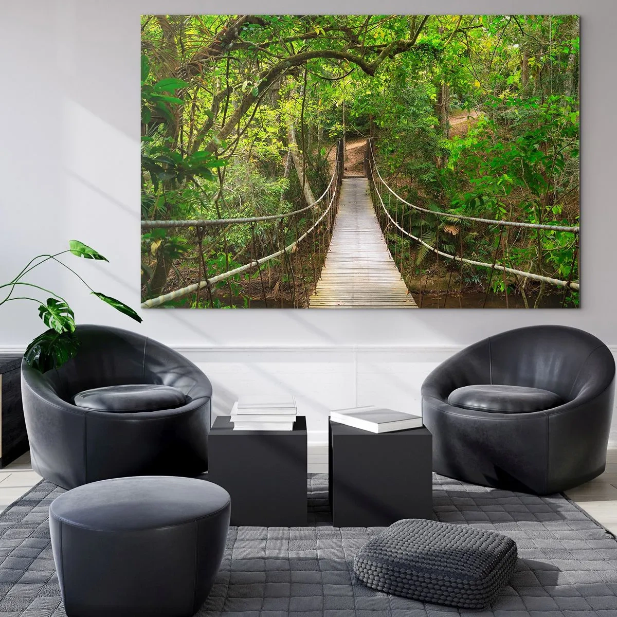 Impression sur verre - Image sur verre - Pont suspendu dans une forêt tropicale - 70x50cm - Parce qu'il y a une plante grimpante dans le jardin - Décoration murale moderne pour le salon et la chambre ARTTOR