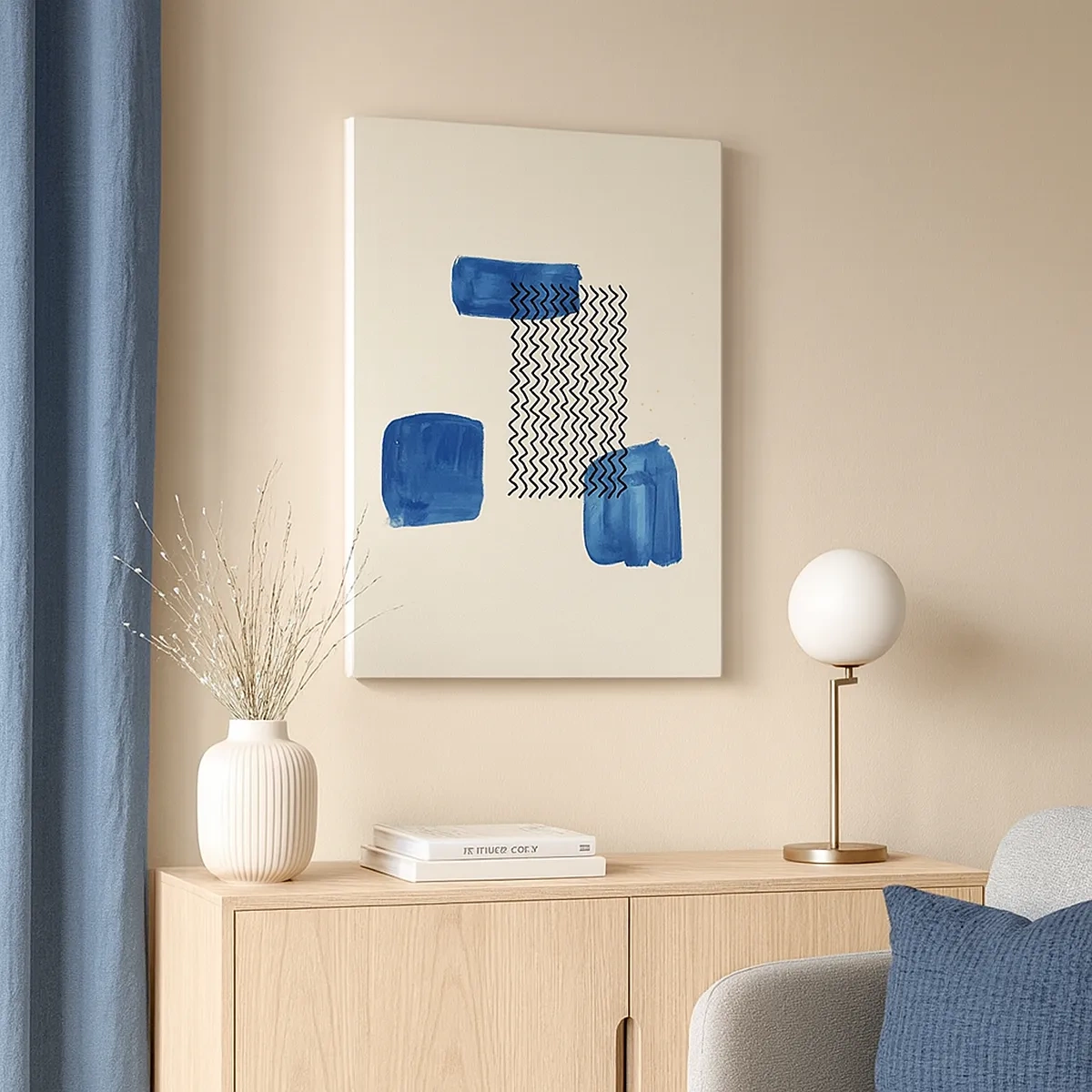 Impression sur toile - Image sur toile - Composition abstraite avec des taches bleues et des lignes ondulées - 50x70cm - Quatuor abstrait - Décoration murale moderne pour le salon et la chambre ARTTOR