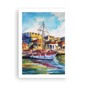 Affiche - Poster - Une aquarelle colorée d'un yacht dans une ville balnéaire - 50x70cm - Après-midi arc-en-ciel - Décoration murale moderne pour le salon et la chambre ARTTOR
