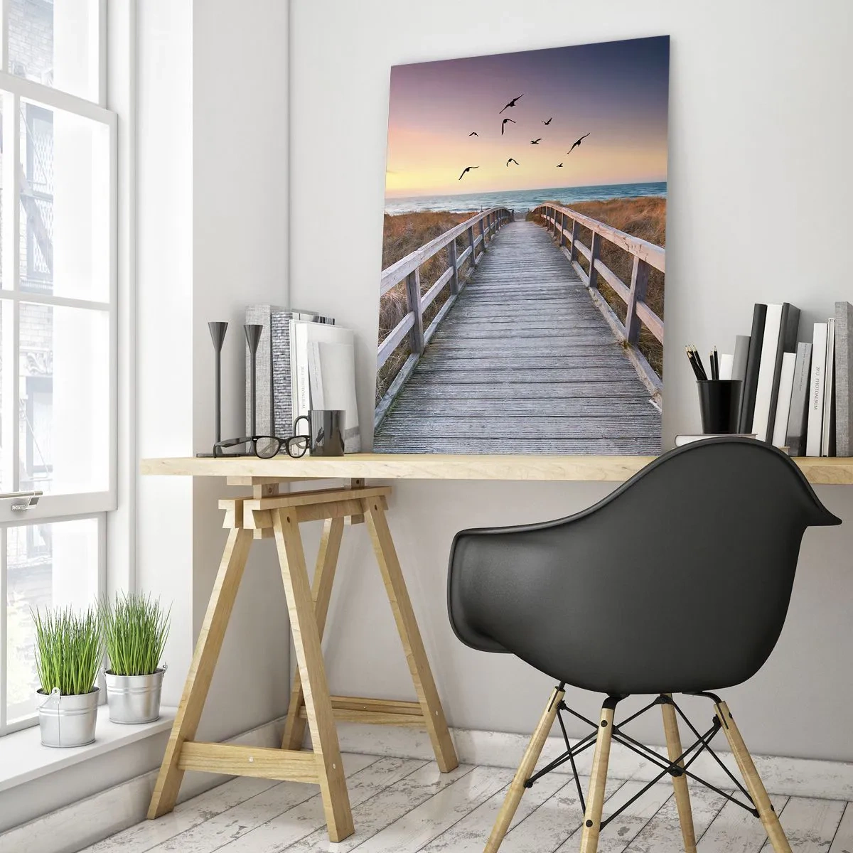 Impression sur verre - Image sur verre - Une passerelle en bois sur les dunes menant à la plage au coucher du soleil - 50x70cm - Envol des espaces - Décoration murale moderne pour le salon et la chambre ARTTOR