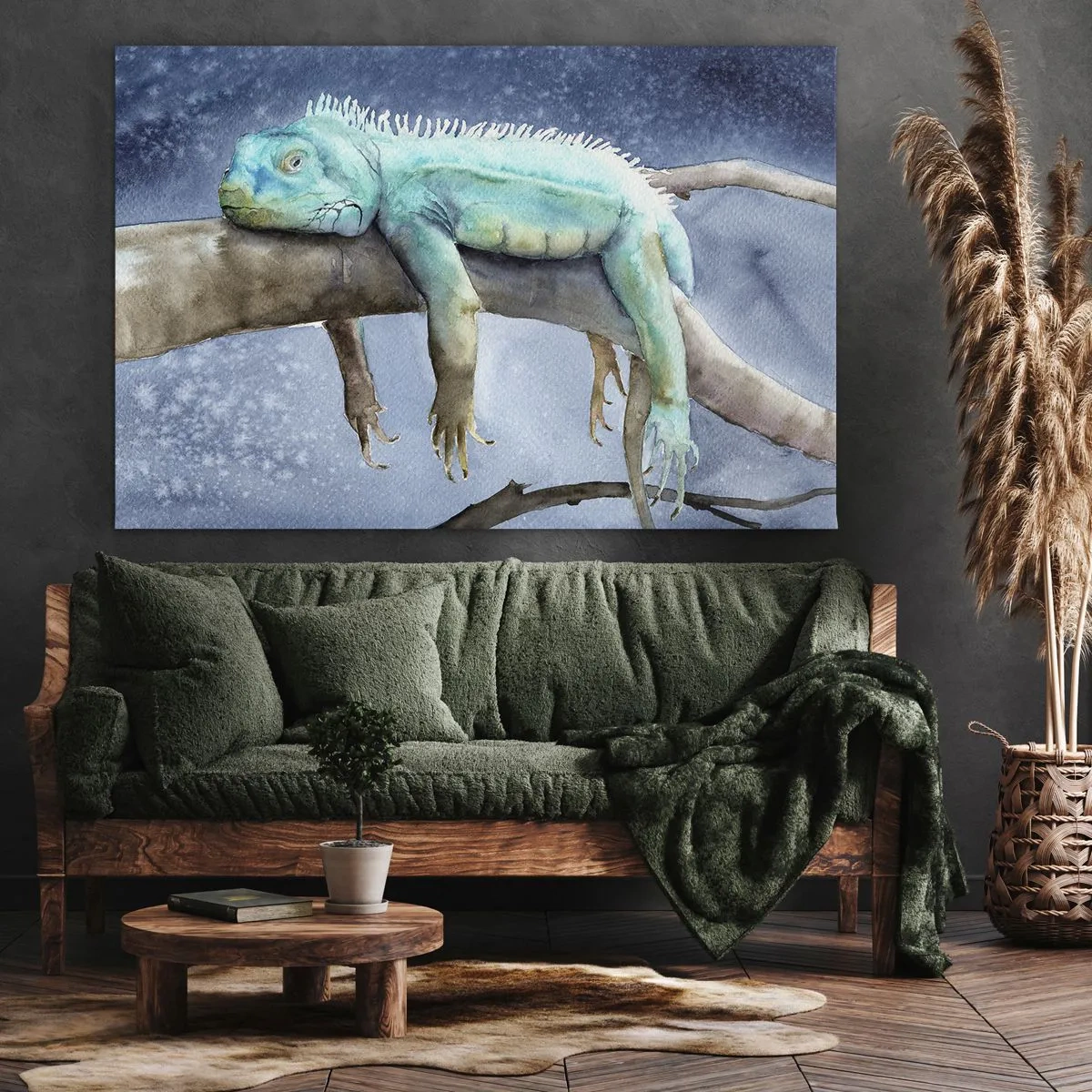 Impression sur toile - Image sur toile - Iguane bleu reposant sur une branche - 70x50cm - Tout va bien! - Décoration murale moderne pour le salon et la chambre ARTTOR