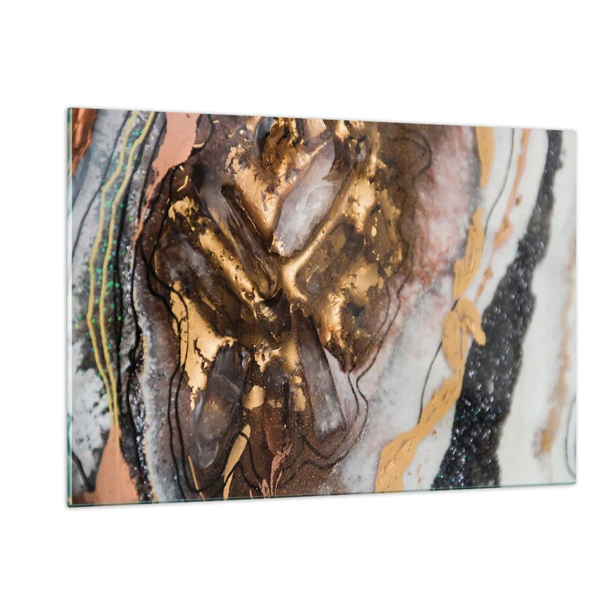 Impression sur verre - Image sur verre - Une peinture abstraite dans des tons d'or, de marron et de blanc avec une texture minérale. - 120x80cm - Élément de la terre - Décoration murale moderne pour le salon et la chambre ARTTOR
