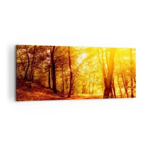 Impression sur toile - Image sur toile - Clairière d'automne sous le soleil doré avec un sentier forestier - 120x50cm - Vers la clairière dorée - Décoration murale moderne pour le salon et la chambre ARTTOR