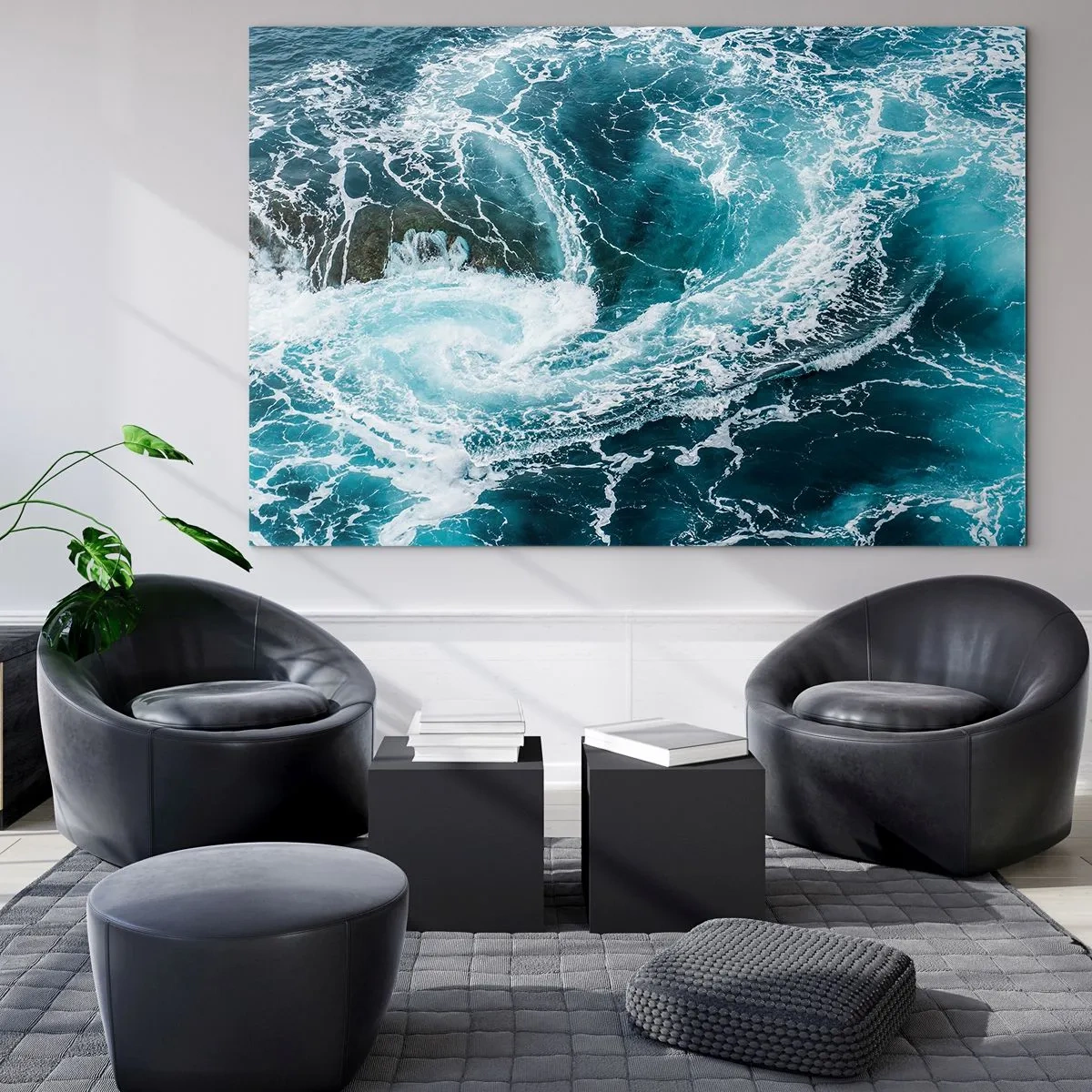 Impression sur verre - Image sur verre - Un tourbillon océanique entouré de vagues blanches dans une eau bleue - 100x70cm - La porte vers le centre de la Terre - Décoration murale moderne pour le salon et la chambre ARTTOR