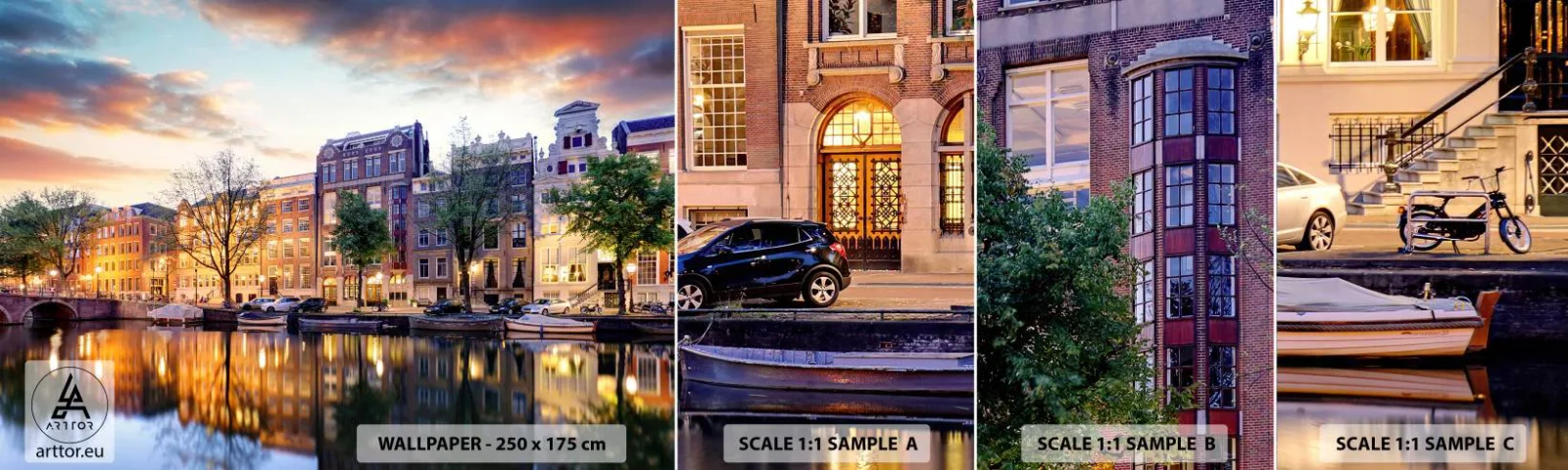 Échantillon de Papier Peint Autocollant Deluxe Sticker - Beauté hollandaise sobre et sereine - Ville, Architecture, Amsterdam - 100x30 cm