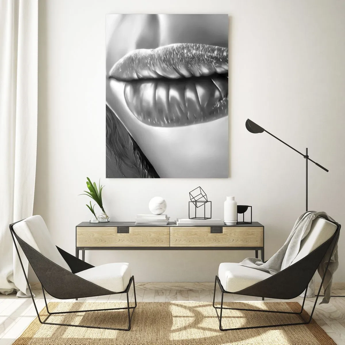 Impression sur verre - Image sur verre - Lèvres féminines sensuelles aux tons monochromes - 50x70cm - Je sais à quoi tu penses… - Décoration murale moderne pour le salon et la chambre ARTTOR