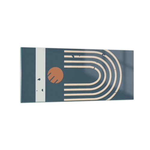 Impression sur verre - Image sur verre - Motif géométrique dans les tons bleu marine, beige et orange sur fond sombre - 120x50cm - Géométrie sur la grenade - Décoration murale moderne pour le salon et la chambre ARTTOR
