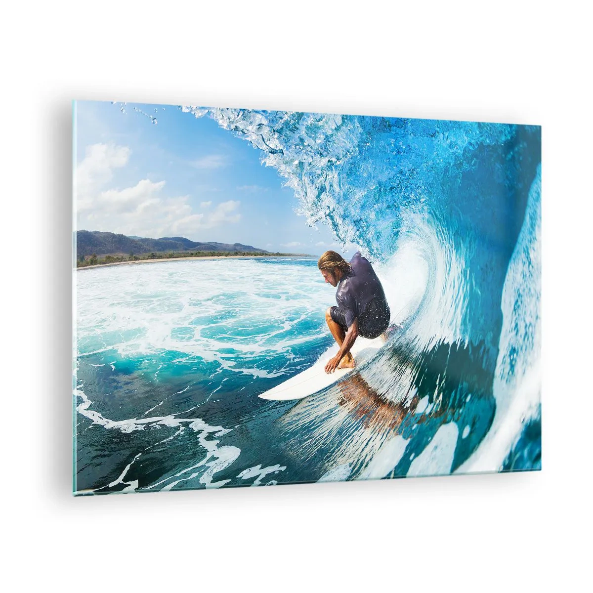 Impression sur verre - Image sur verre - Surfeur dans un tunnel d'eau avec l'océan en arrière-plan - 70x50cm - Danse avec les vagues - Décoration murale moderne pour le salon et la chambre ARTTOR