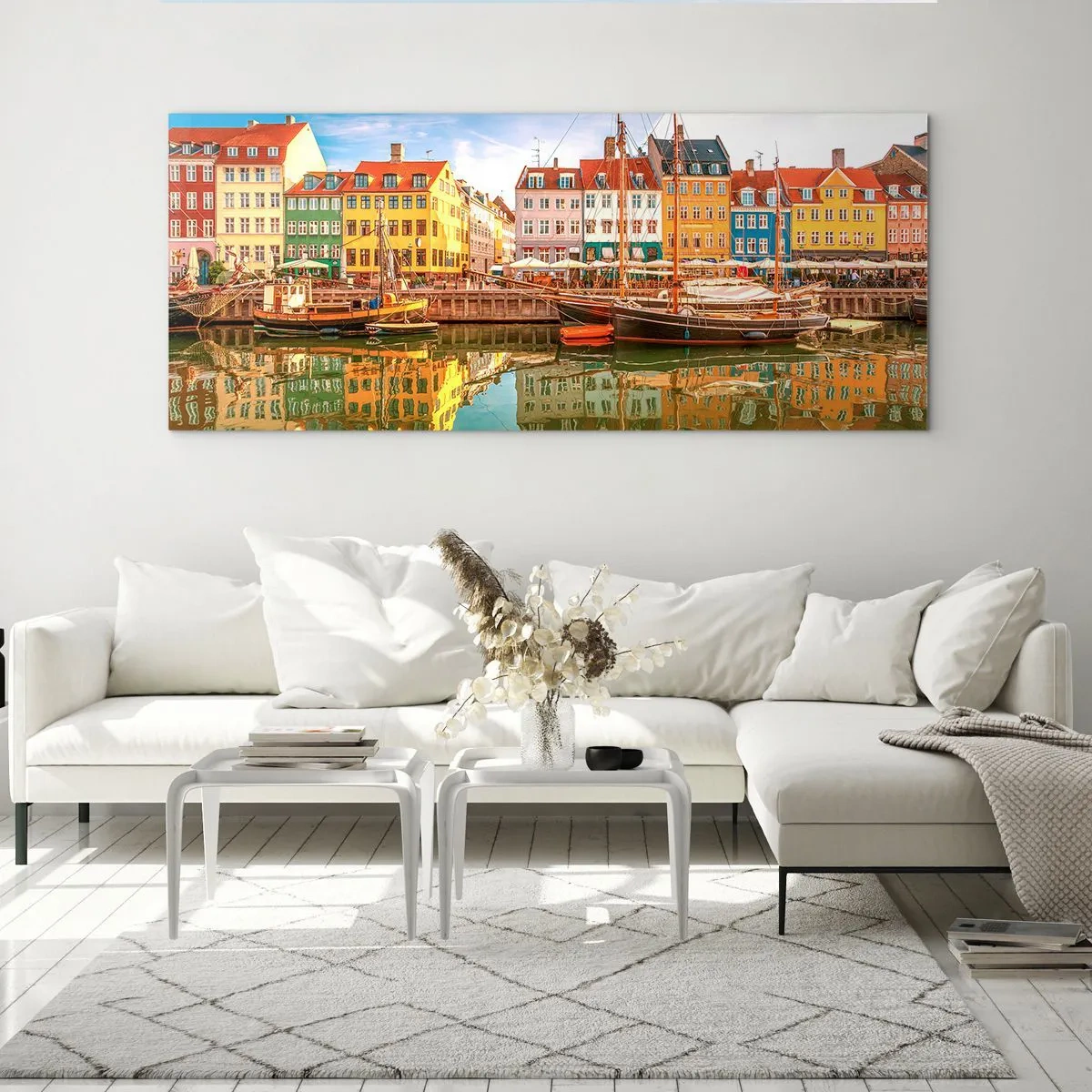 Impression sur verre - Image sur verre - Maisons colorées au bord des canaux de Copenhague - 140x50cm - Aussi lisse qu'un miroir au-dessus de l'eau - Décoration murale moderne pour le salon et la chambre ARTTOR