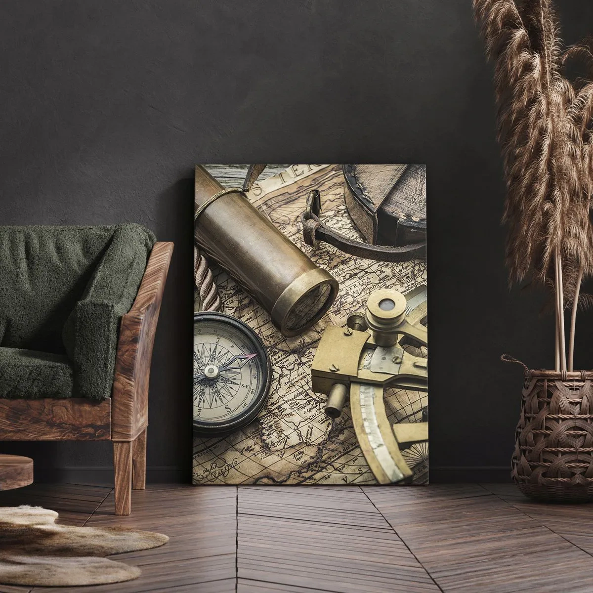 Impression sur toile - Image sur toile - Une boussole, un sextant et un télescope sur fond de vieille carte et de corde nautique. - 50x70cm - Fixer un cap - Décoration murale moderne pour le salon et la chambre ARTTOR