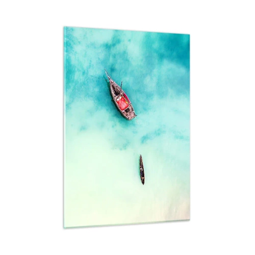 Impression sur verre - Image sur verre - Bateaux sur une eau azur dans un cadre paisible - 50x70cm - Car sur les plages de Zanzibar, quand il y a un débordement d'eau... - Décoration murale moderne pour le salon et la chambre ARTTOR