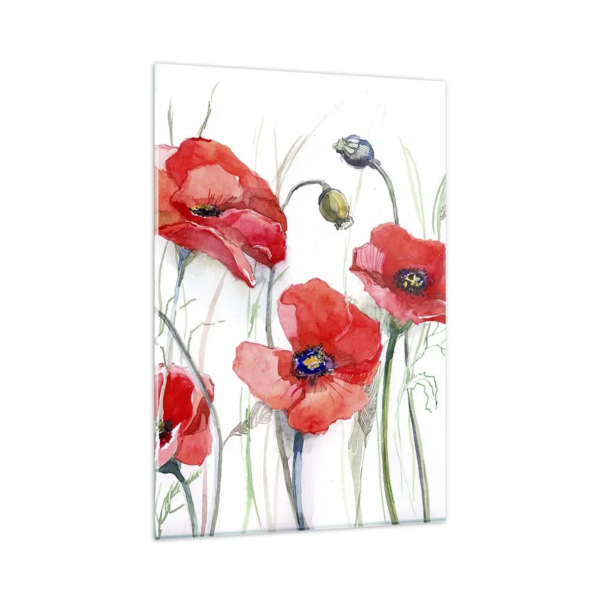 Impression sur verre - Image sur verre - Coquelicots à l'aquarelle sur un fond délicat - 80x120cm - Fleurs polonaises - Décoration murale moderne pour le salon et la chambre ARTTOR