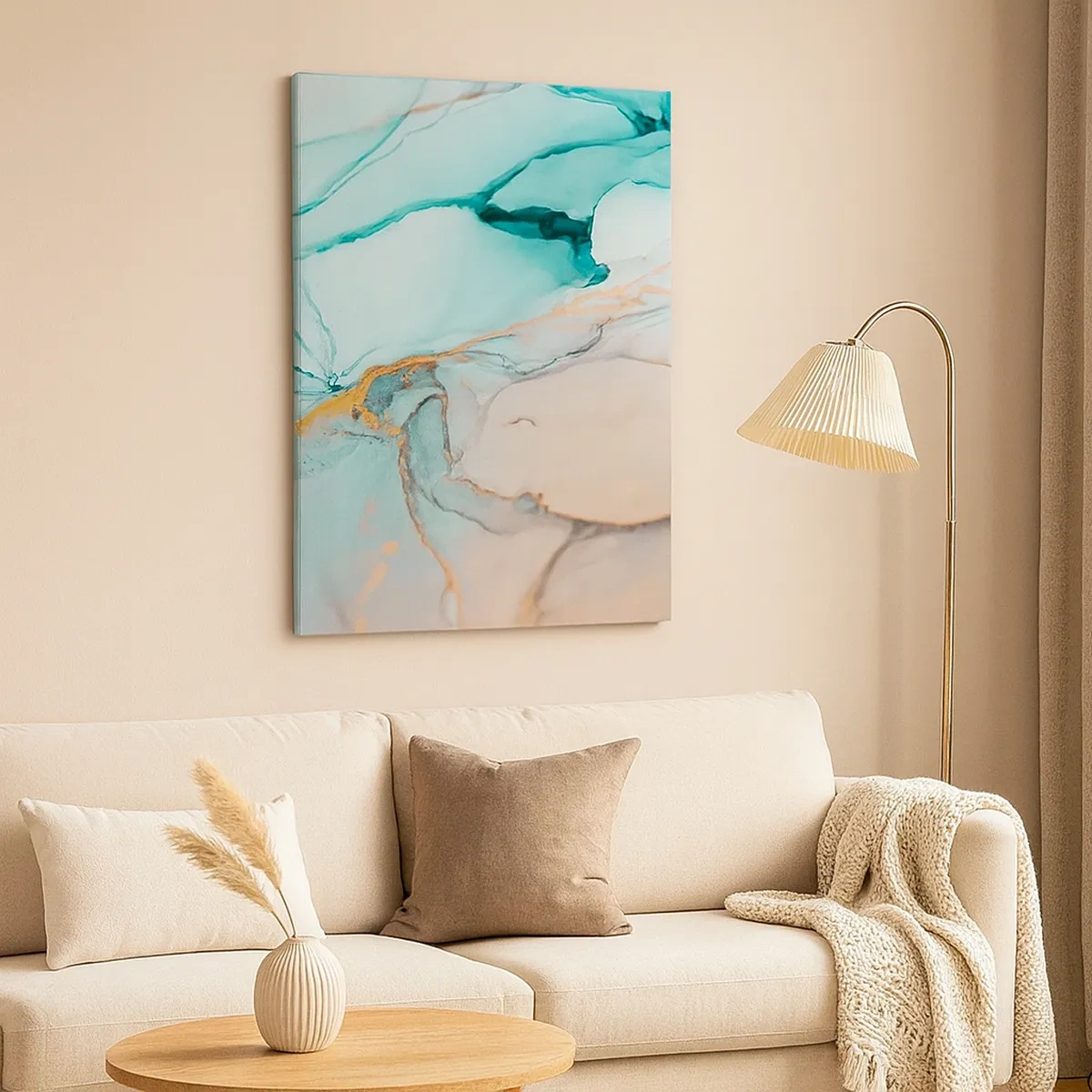 Impression sur toile - Image sur toile - Une composition abstraite dans des tons turquoise et or. - 50x70cm - Danse des formes et des couleurs - Décoration murale moderne pour le salon et la chambre ARTTOR