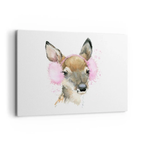 Impression sur toile - Image sur toile - Cerf aquarelle avec cache-oreilles roses - 100x70cm - Et le gel n'effraie plus - Décoration murale moderne pour le salon et la chambre ARTTOR