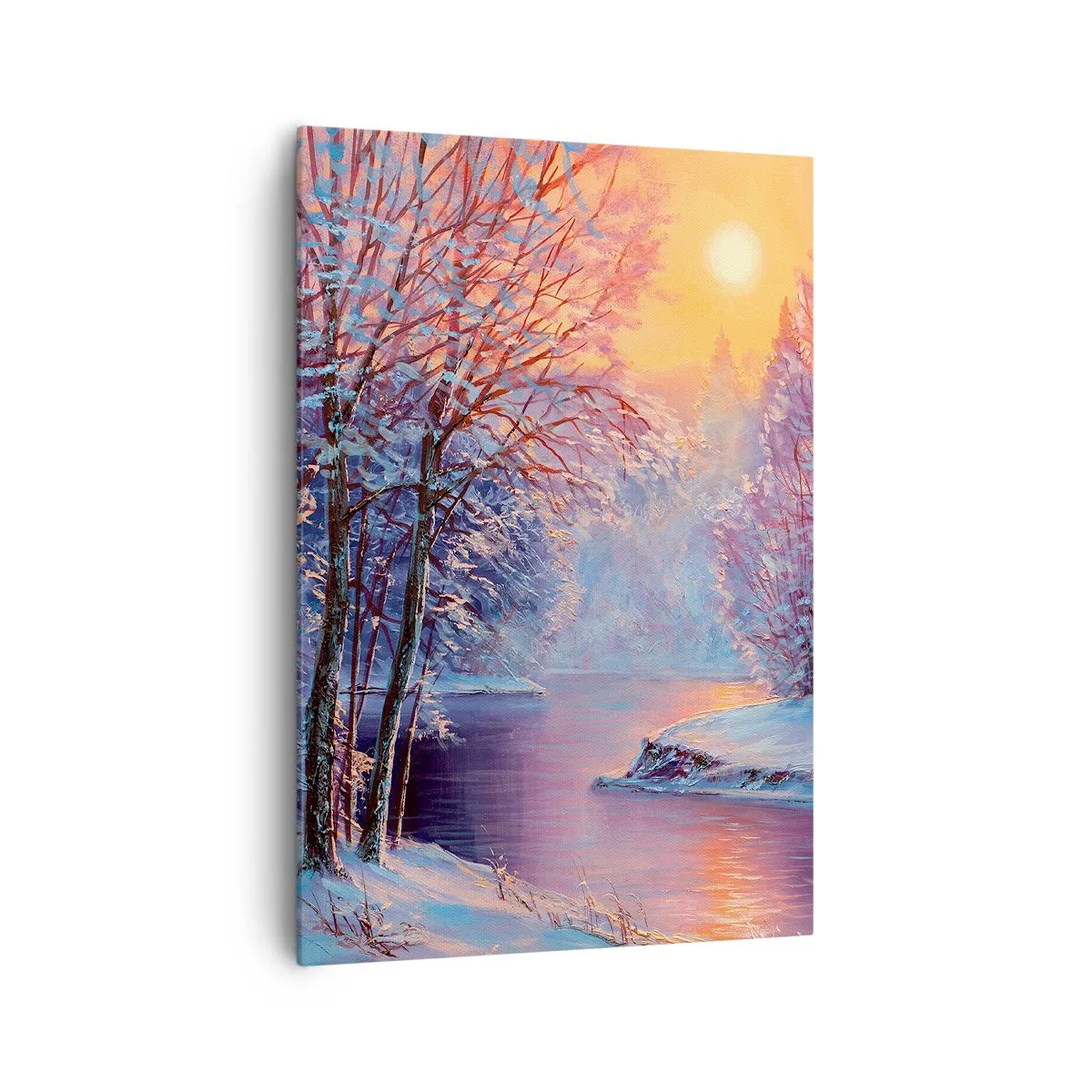 Impression sur toile - Image sur toile - Paysage d'hiver avec rivière et arbres au lever du soleil - 70x100cm - Couleurs d'hiver - Décoration murale moderne pour le salon et la chambre ARTTOR