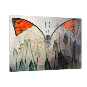 Impression sur verre - Image sur verre - Un papillon artistique entouré de fleurs délicates sur fond gris. - 120x80cm - "Où est le papillon qui se balance sur l'herbe" - Décoration murale moderne pour le salon et la chambre ARTTOR