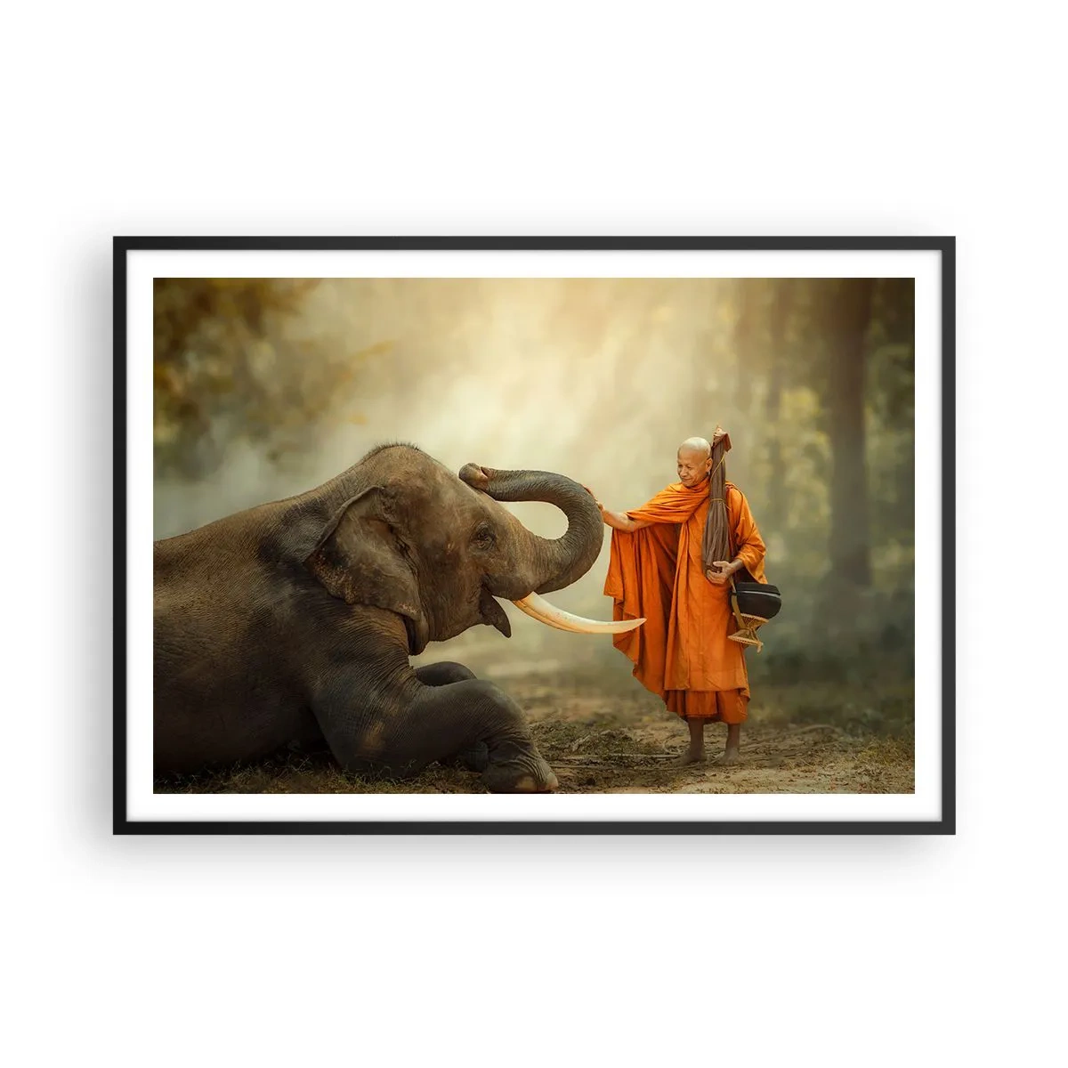 Affiche dans un cadre noir - Poster - Un moine et un éléphant en harmonie avec la nature en toile de fond - 100x70cm - Rencontre en voyageant - Décoration murale moderne pour le salon et la chambre ARTTOR
