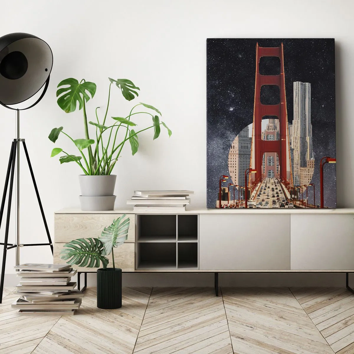 Impression sur toile - Image sur toile - Le Golden Gate Bridge avec la ville en arrière-plan contre un ciel étoilé - 50x70cm - Toujours au centre - Décoration murale moderne pour le salon et la chambre ARTTOR