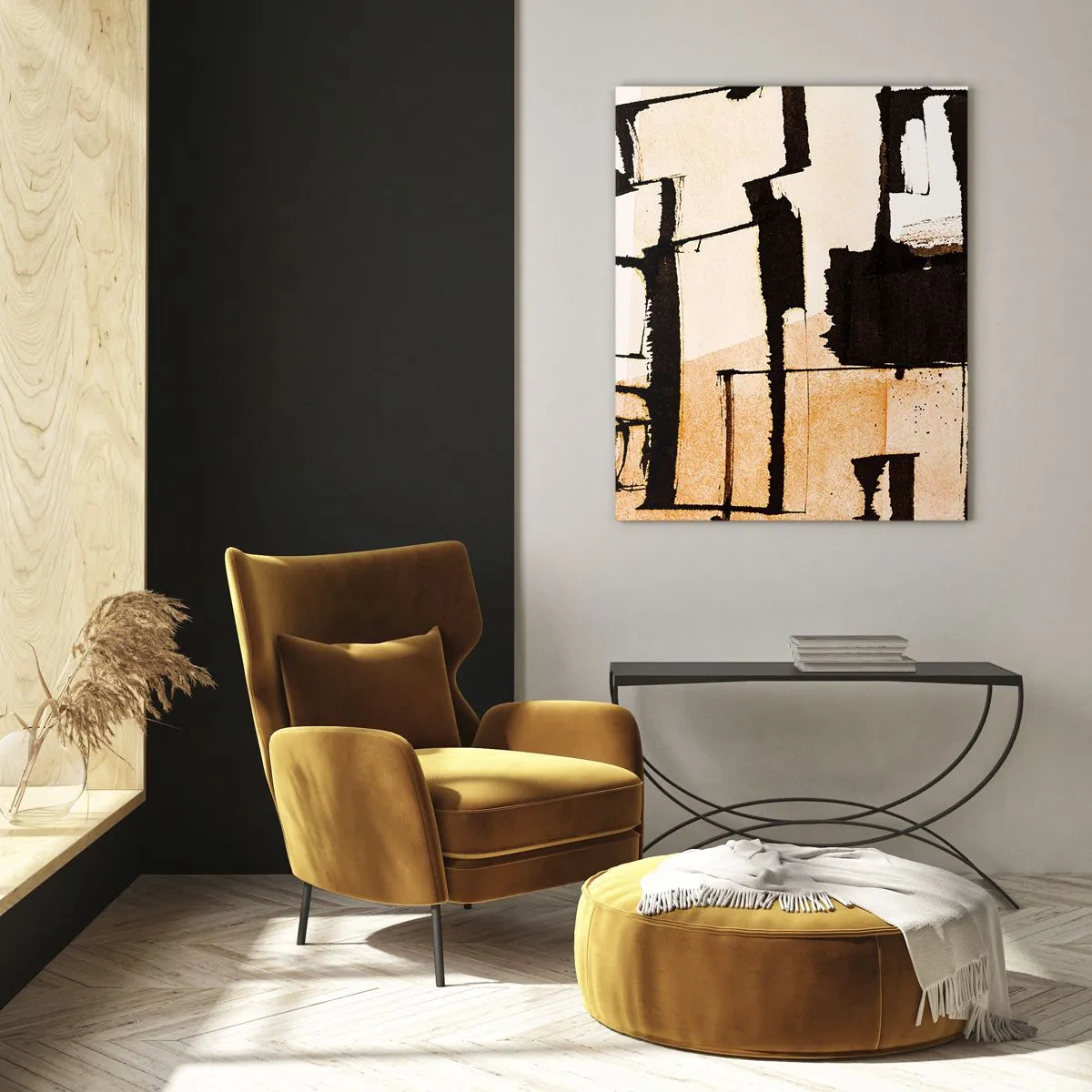 Impression sur verre - Image sur verre - Abstraction géométrique dans les tons beige et noir - 50x70cm - De l’ordre malgré tout - Décoration murale moderne pour le salon et la chambre ARTTOR