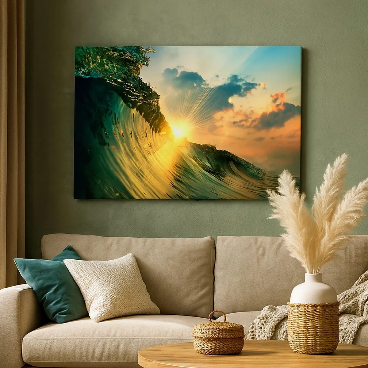 Impression sur toile - Image sur toile - Une vague avec le soleil couchant et les nuages illuminés - 70x50cm - Surfeur, où es-tu ? - Décoration murale moderne pour le salon et la chambre ARTTOR