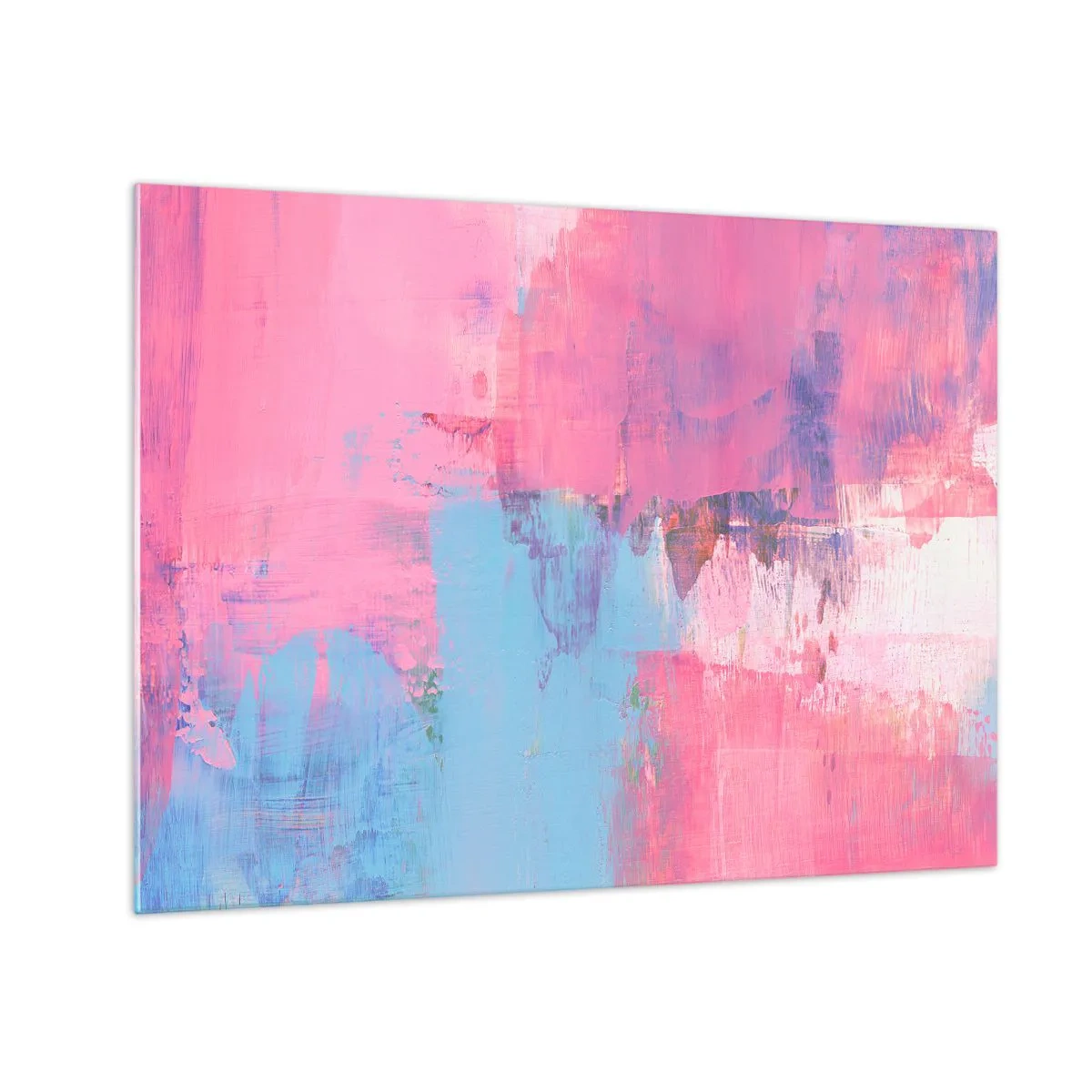 Impression sur verre - Image sur verre - Abstraction énergétique dans les tons de rose et de bleu - 70x50cm - Du rose, du bleu et une pincée de lumière - Décoration murale moderne pour le salon et la chambre ARTTOR