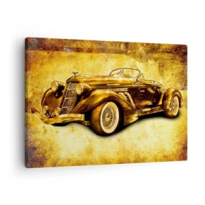 Impression sur toile - Image sur toile - Un cabriolet rétro doré classique sur un fond vintage aux couleurs chaudes. - 70x50cm - L'élite de l'élite - Décoration murale moderne pour le salon et la chambre ARTTOR