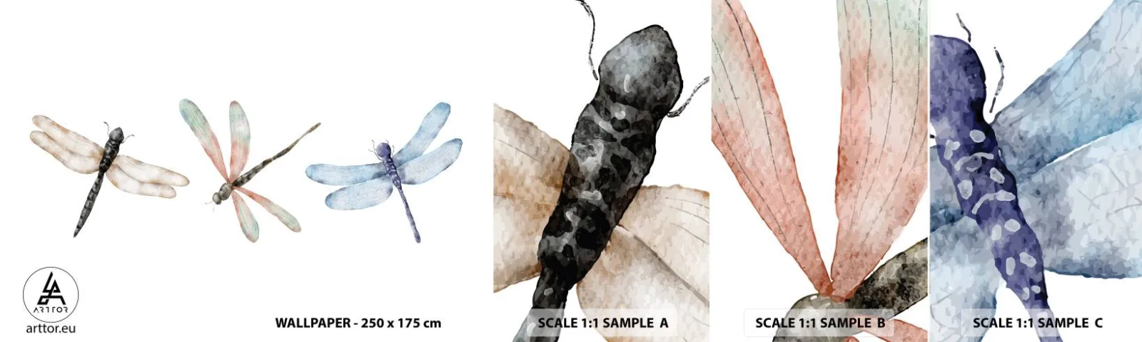 Échantillon de Papier Peint Autocollant Deluxe Sticker - Libellules en apesanteur - Insectes, Minimaliste, Lourd - 100x30 cm