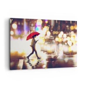 Impression sur toile - Image sur toile - Une silhouette avec un parapluie rouge dans la rue sous la pluie - 120x80cm - Et pourtant ensoleillé - Décoration murale moderne pour le salon et la chambre ARTTOR