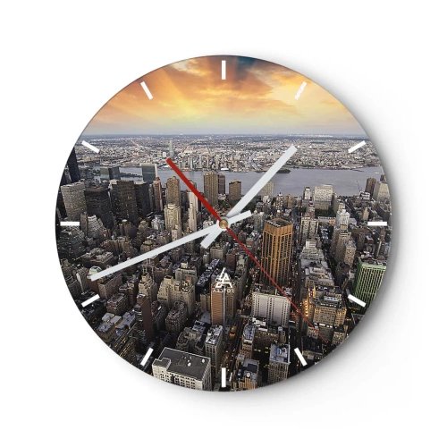 Horloge murale - Pendule murale - Panorama de la ville avec de hauts gratte-ciel au coucher du soleil - 30x30cm - Le cœur battant de notre époque - Décoration murale moderne pour le salon, la cuisine et la chambre ARTTOR