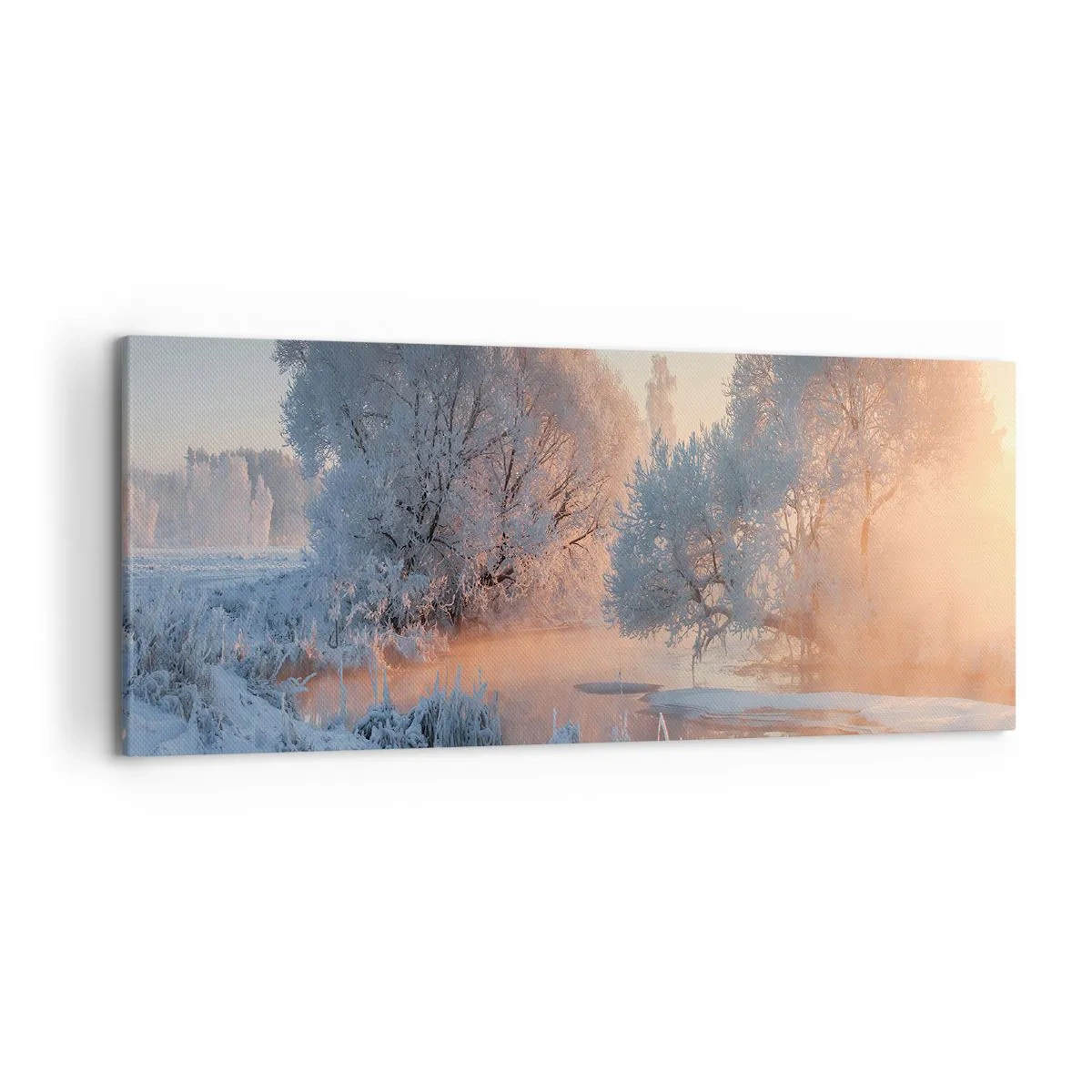 Impression sur toile - Image sur toile - Paysage d'hiver avec des arbres enneigés et un coucher de soleil - 120x50cm - Tout dans le soleil brille en cristal - Décoration murale moderne pour le salon et la chambre ARTTOR