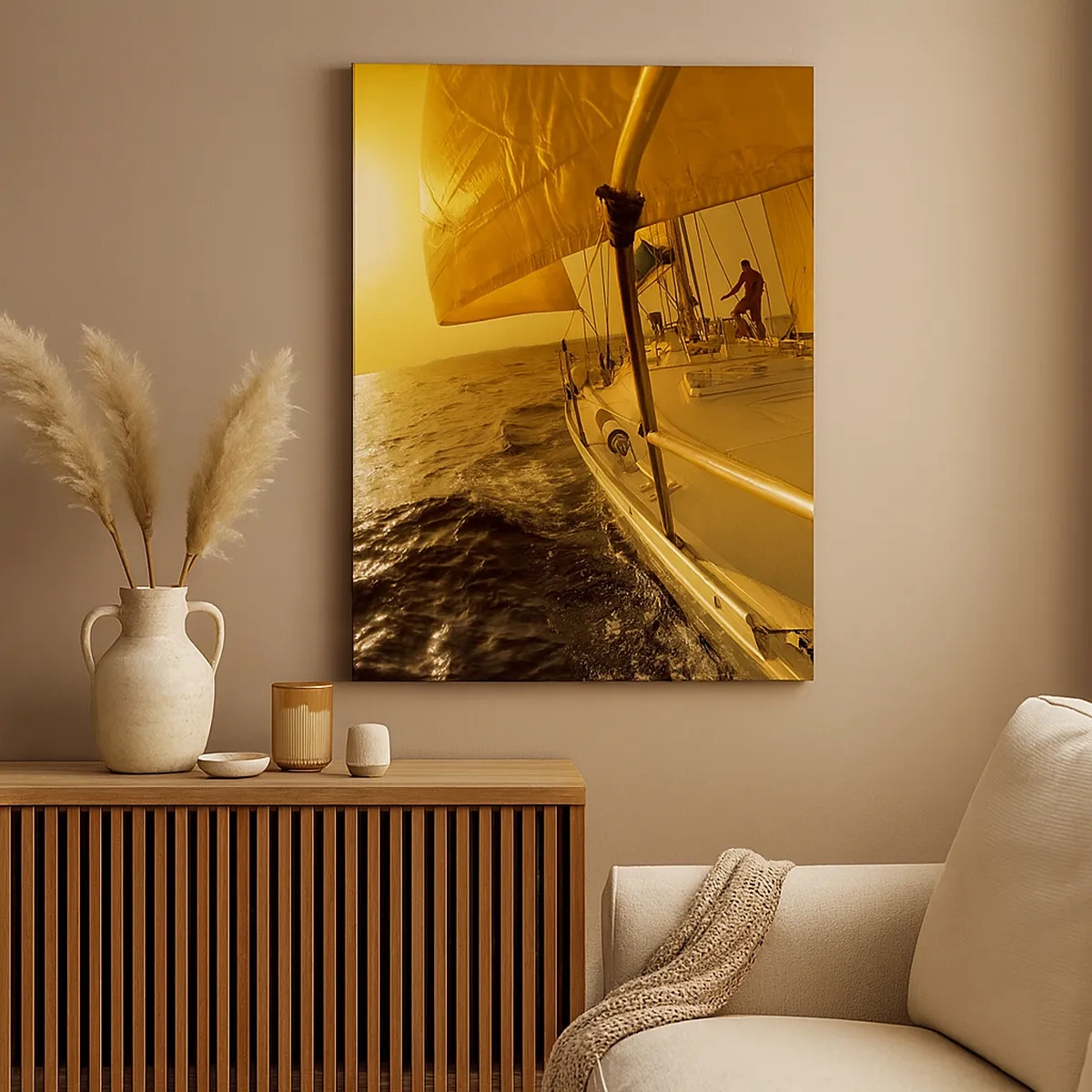 Impression sur toile - Image sur toile - Voilier en mer au coucher du soleil, lueur dorée. - 50x70cm - Une soirée en por après une journée haute en couleurs - Décoration murale moderne pour le salon et la chambre ARTTOR