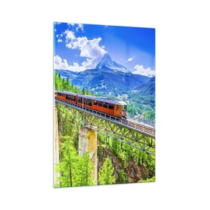 Impression sur verre - Image sur verre - Des montagnes russes sur un pont avec vue sur une cascade et des montagnes - 70x100cm - Train dans les Alpes - Décoration murale moderne pour le salon et la chambre ARTTOR