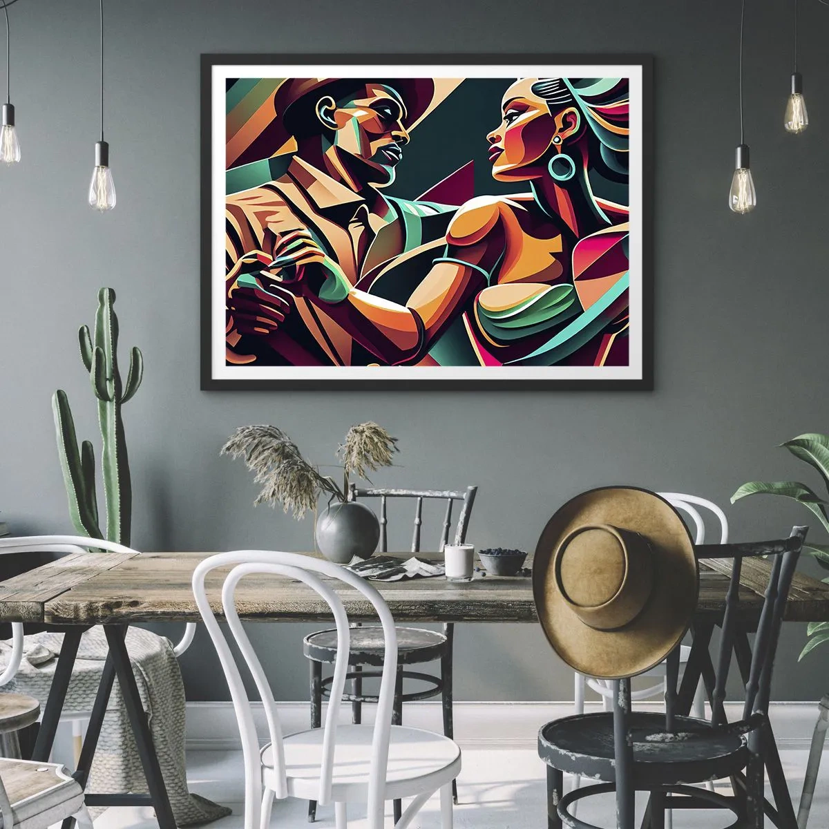 Affiche dans un cadre noir - Poster - Un couple stylisé dansant dans des couleurs vibrantes et géométriques. - 100x70cm - Au rythme du coeur - Décoration murale moderne pour le salon et la chambre ARTTOR