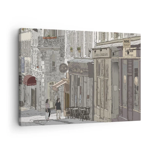 Impression sur toile - Image sur toile - Illustration d'une rue de la ville avec des cafés et des magasins - 70x50cm - Joie de la ville - Décoration murale moderne pour le salon et la chambre ARTTOR