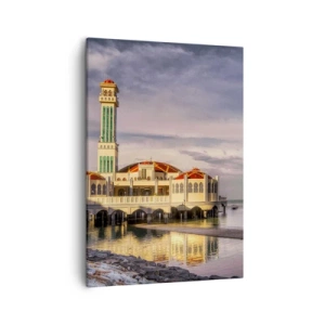 Impression sur toile - Image sur toile - Un bâtiment impressionnant avec un minaret sur l'eau entouré d'un paysage paisible - 50x70cm - Temple de la nature - Décoration murale moderne pour le salon et la chambre ARTTOR