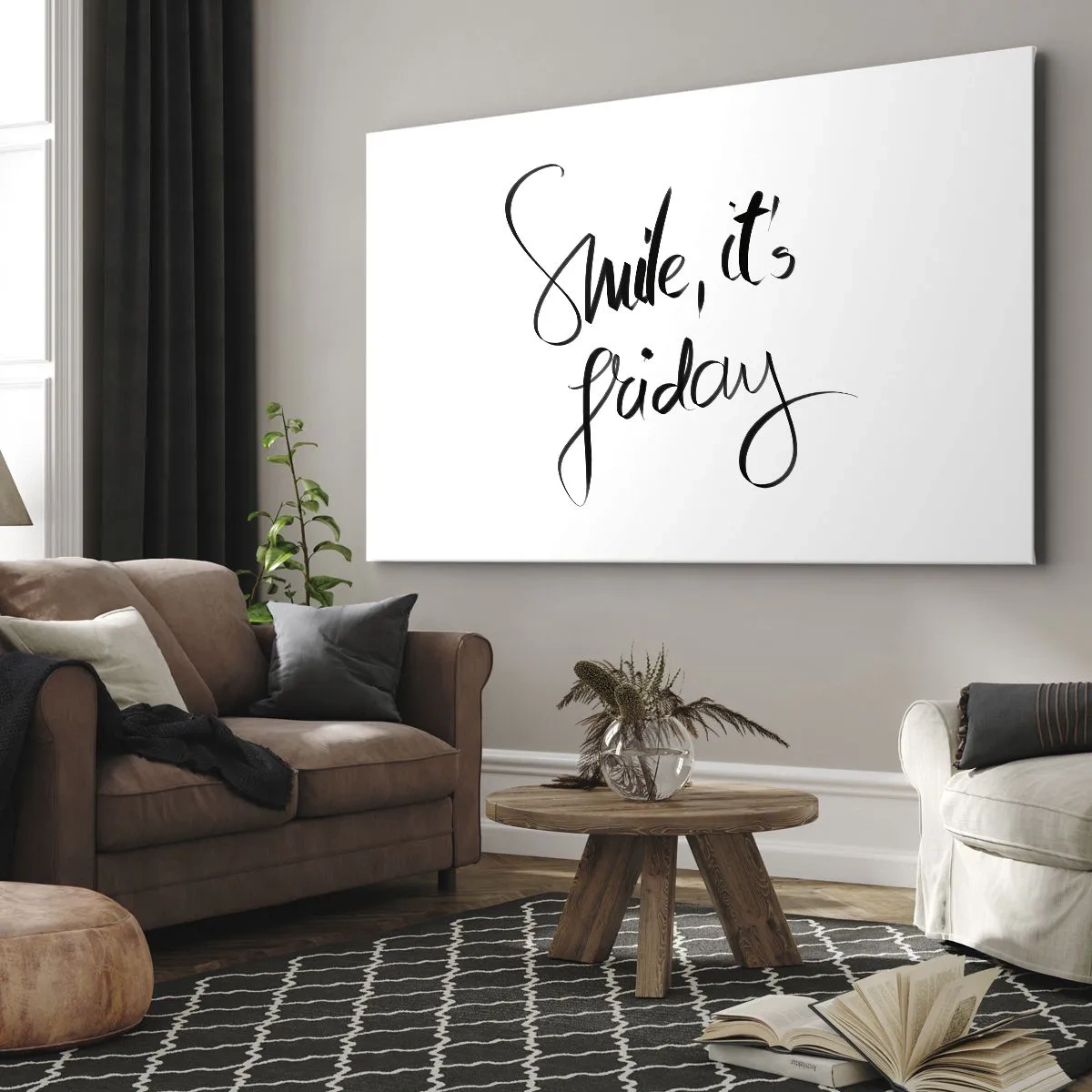 Impression sur toile - Image sur toile - Lettrage noir et blanc Souriez, c'est vendredi - 70x50cm - Joie réelle - Décoration murale moderne pour le salon et la chambre ARTTOR