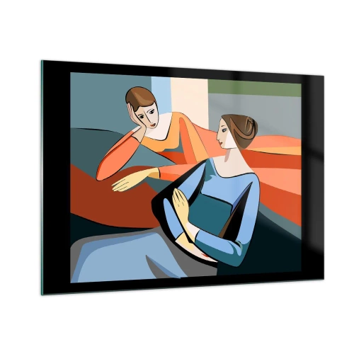 Impression sur verre - Image sur verre - Une scène géométrique d'une conversation entre deux femmes sur fond d'intérieur. - 100x70cm - Un moment de confiance - Décoration murale moderne pour le salon et la chambre ARTTOR