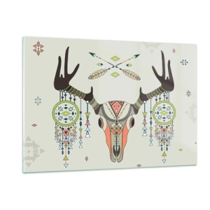 Impression sur verre - Image sur verre - Cornes symboliques et motifs amérindiens sur fond clair - 120x80cm - Trophée du chasseur indien - Décoration murale moderne pour le salon et la chambre ARTTOR